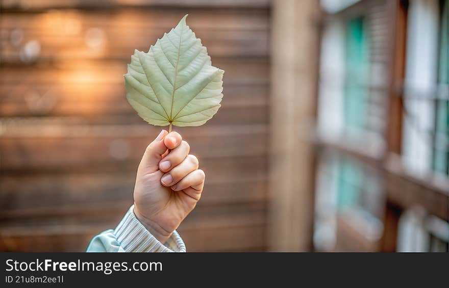 Human hand holding a single green leaf against a blurred urban wooden background. Concept of sustainability, ecology, environmental awareness, and connection with nature. Perfect for eco campaigns, organic lifestyle promotions, and educational projects.