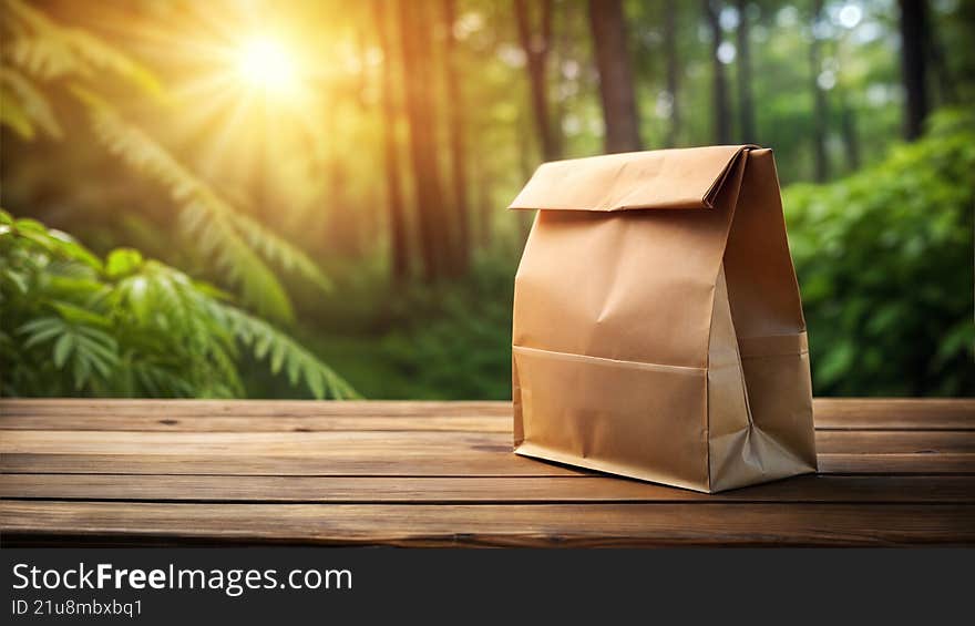 Brown eco-friendly paper bag standing on a wooden table outdoors with green forest background and warm sunlight. Concept of sustai