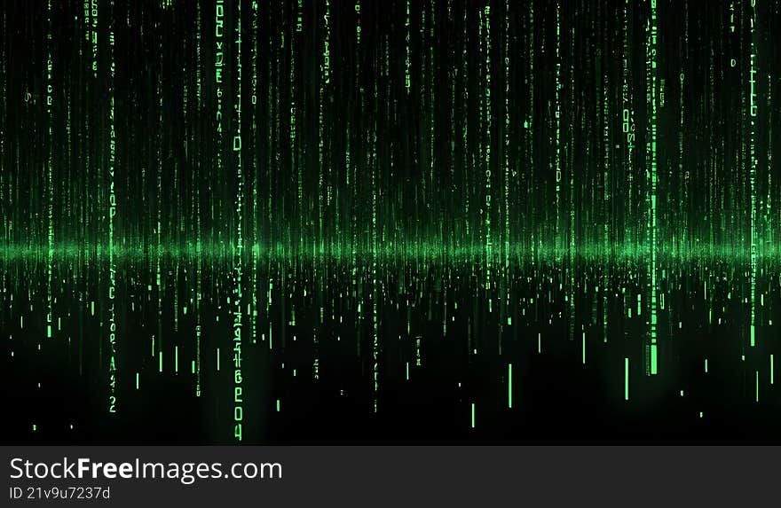 Green digital rain cascades down a black background creating a matrix-like effect that suggests a futuristic world of code data an
