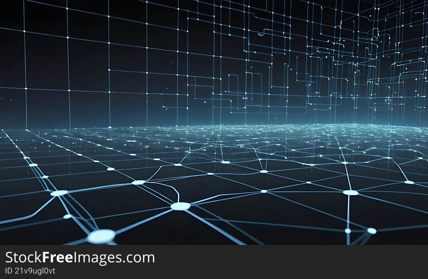 Abstract network grid with glowing nodes and connections represents data flow and technology concept