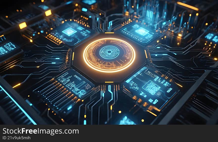 Futuristic circuit board with glowing components showcases advanced technology and intricate design elements