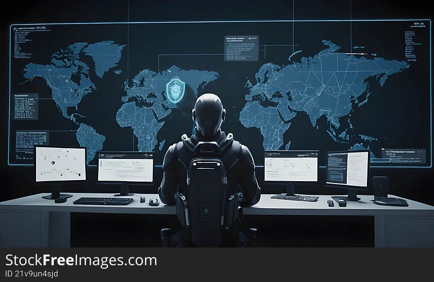 Cyber security specialist monitors global network activity on multiple screens in a dark control room