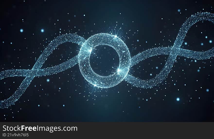 Abstract glowing dna strand with particles on a dark background for science and technology designs