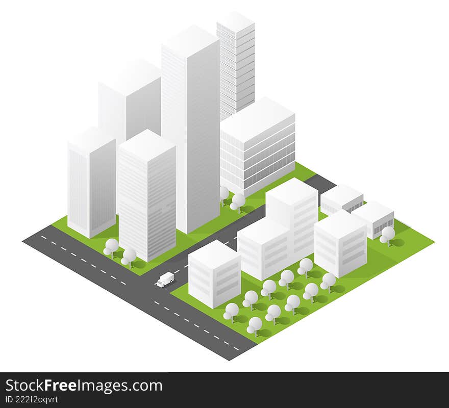 Isometric urban city plan with modern buildings, green areas, and street network on a white background