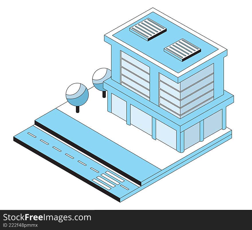 Modern isometric building standing by a city street, featuring distinct architectural design and surrounding trees