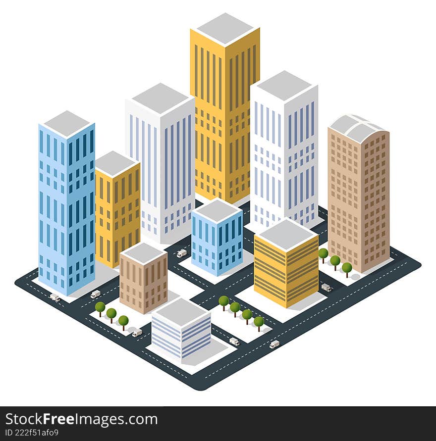 Isometric view depicting a vibrant city filled with towering skyscrapers, winding roads, and lush trees, illustrating a dynamic ur