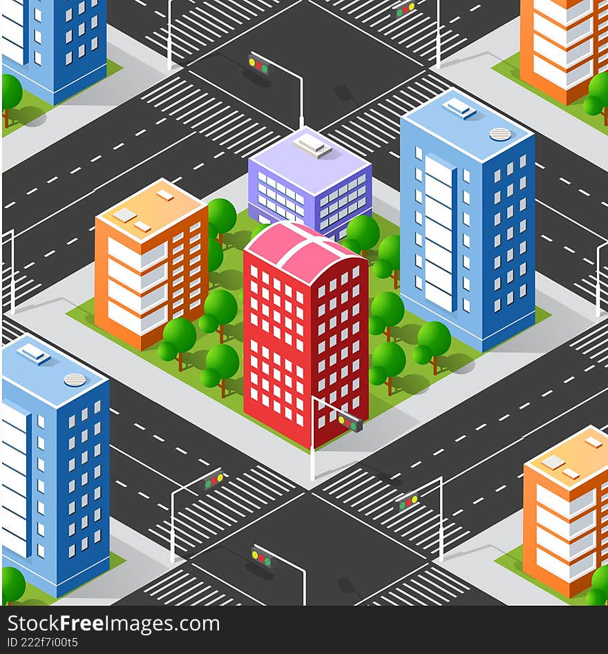 Urban landscape with colorful buildings, streets and trees, viewed from an isometric perspective, representing a vibrant and dynam
