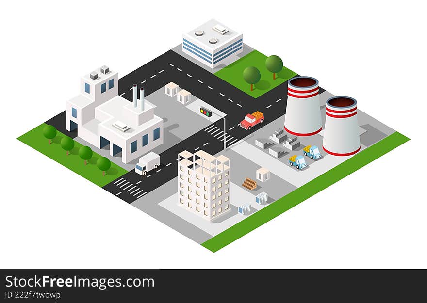 Isometric view of an industrial zone with factories, office buildings, roads, trucks, and trees, representing air pollution and en
