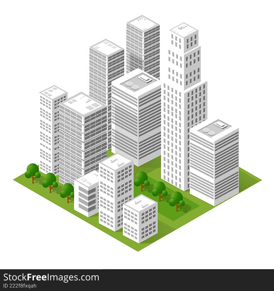 Isometric view of a modern city center showing skyscrapers and green areas, representing urban planning and development