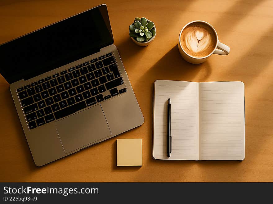 Workspace with laptop, coffee, notebook, and succulent plant