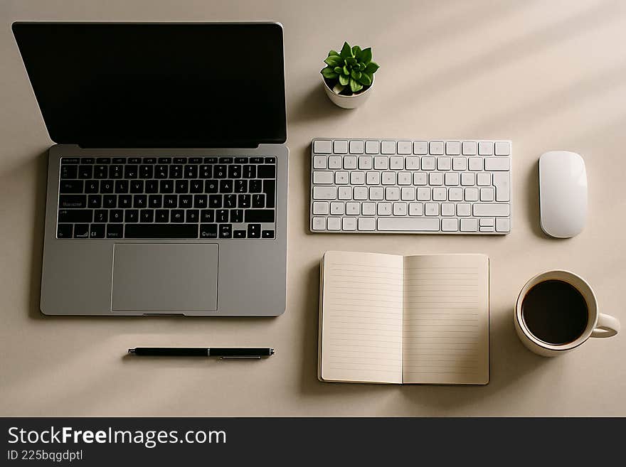 Workspace with laptop, keyboard, notebook, coffee, and plant for productivity