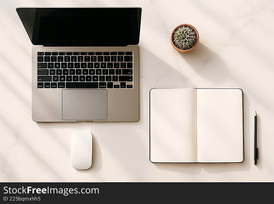 Workspace with Laptop, Notebook, and Cactus on White Desk