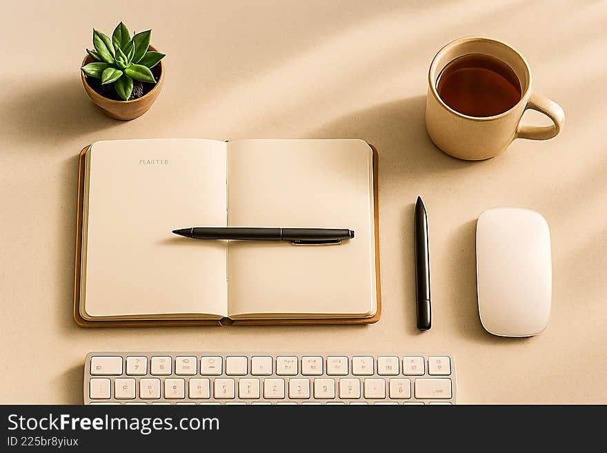 Workspace with notebook, keyboard, mouse, pen, plant, and coffee