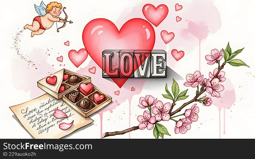 A charming illustration capturing love and romance with Cupid, vibrant hearts, sweet chocolates, a heartfelt love letter, and delicate cherry blossoms Created By AI. A charming illustration capturing love and romance with Cupid, vibrant hearts, sweet chocolates, a heartfelt love letter, and delicate cherry blossoms Created By AI