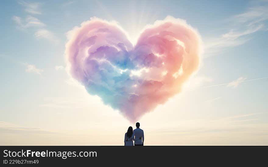 A couple gazes at a breathtaking heart-shaped cloud, painted with soft pastel colors in a vast, serene sky, perfectly embodying romance, unity, and shared dreams. A couple gazes at a breathtaking heart-shaped cloud, painted with soft pastel colors in a vast, serene sky, perfectly embodying romance, unity, and shared dreams