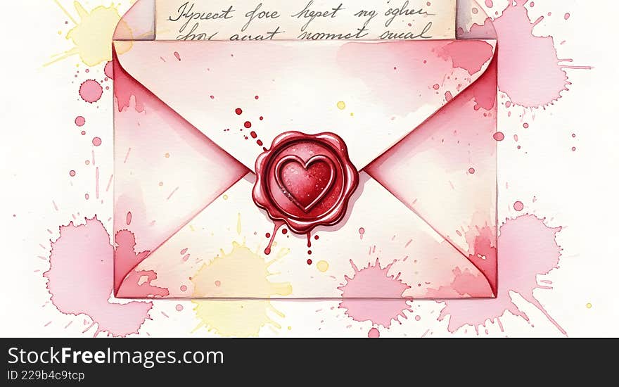 Hand-painted watercolor illustration of a sealed love letter with a prominent heart wax seal. Artistic pink and yellow splatters symbolize romance, passion, and sincere feelings. Hand-painted watercolor illustration of a sealed love letter with a prominent heart wax seal. Artistic pink and yellow splatters symbolize romance, passion, and sincere feelings