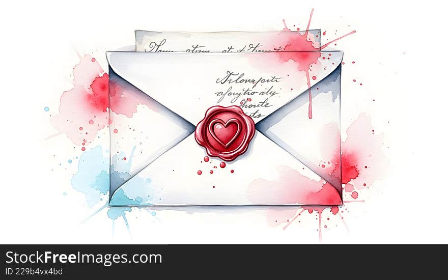 A charming watercolor illustration of a sealed love letter with a prominent red heart wax seal. Vibrant red and blue paint splatters add a romantic, artistic touch to this communication Created By AI