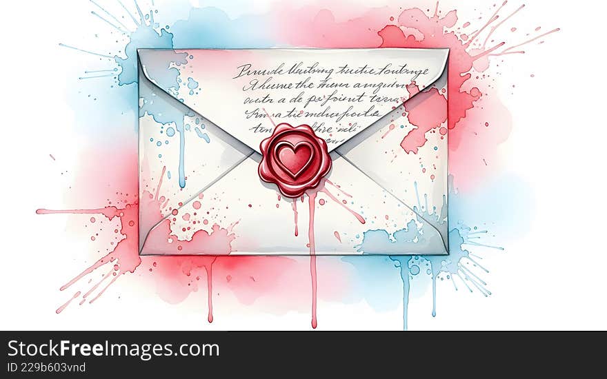 A charming watercolor illustration of a vintage love letter envelope sealed with a red wax heart. Delicate blue and pink paint splatters evoke romance, heartfelt messages, and artistic affection Created By AI. A charming watercolor illustration of a vintage love letter envelope sealed with a red wax heart. Delicate blue and pink paint splatters evoke romance, heartfelt messages, and artistic affection Created By AI