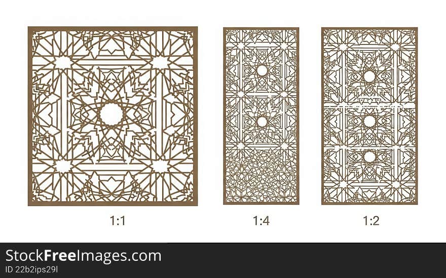 Three intricate geometric patterns showcasing Islamic and Moroccan design influence. Ideal for architectural screens, decorative panels, and interior accents, these patterns offer sophisticated visual aesthetic. Three intricate geometric patterns showcasing Islamic and Moroccan design influence. Ideal for architectural screens, decorative panels, and interior accents, these patterns offer sophisticated visual aesthetic