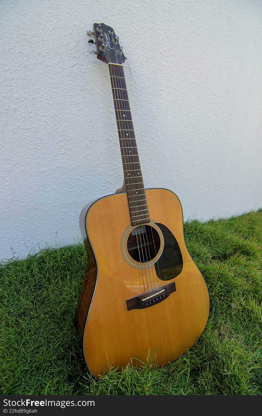 Acoustic guitar leaning against a textured white wall on green grass, captured in natural outdoor lighting. Perfect for music, creativity, and artistic lifestyle themes.