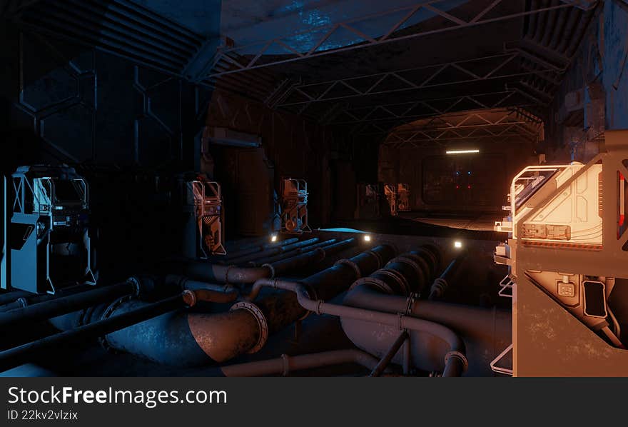 View of lighting in command center computer in basement 3d rendering wallpaper background