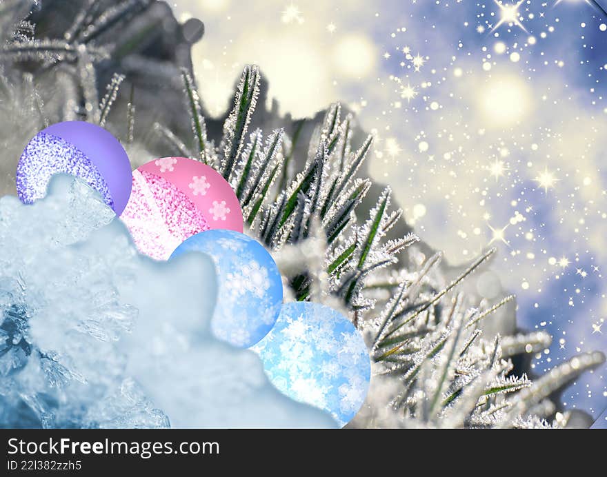 Christmas balls in frozen bushes on a sparkling background