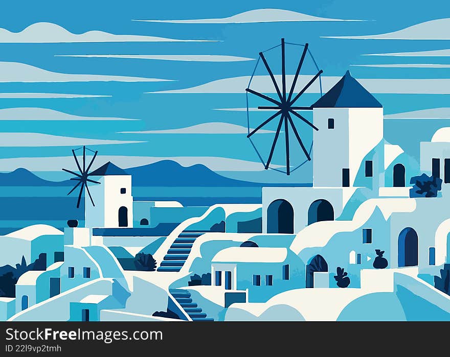 Santorini Windmills  Art Deco Greek Island - Mediterranean Wall Art - Blue and White Coastal