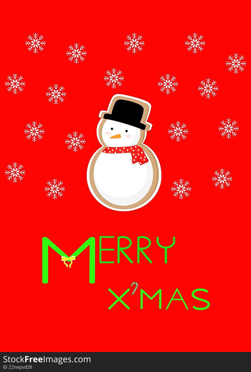 Christmas greeting card with snowman and snowflakes