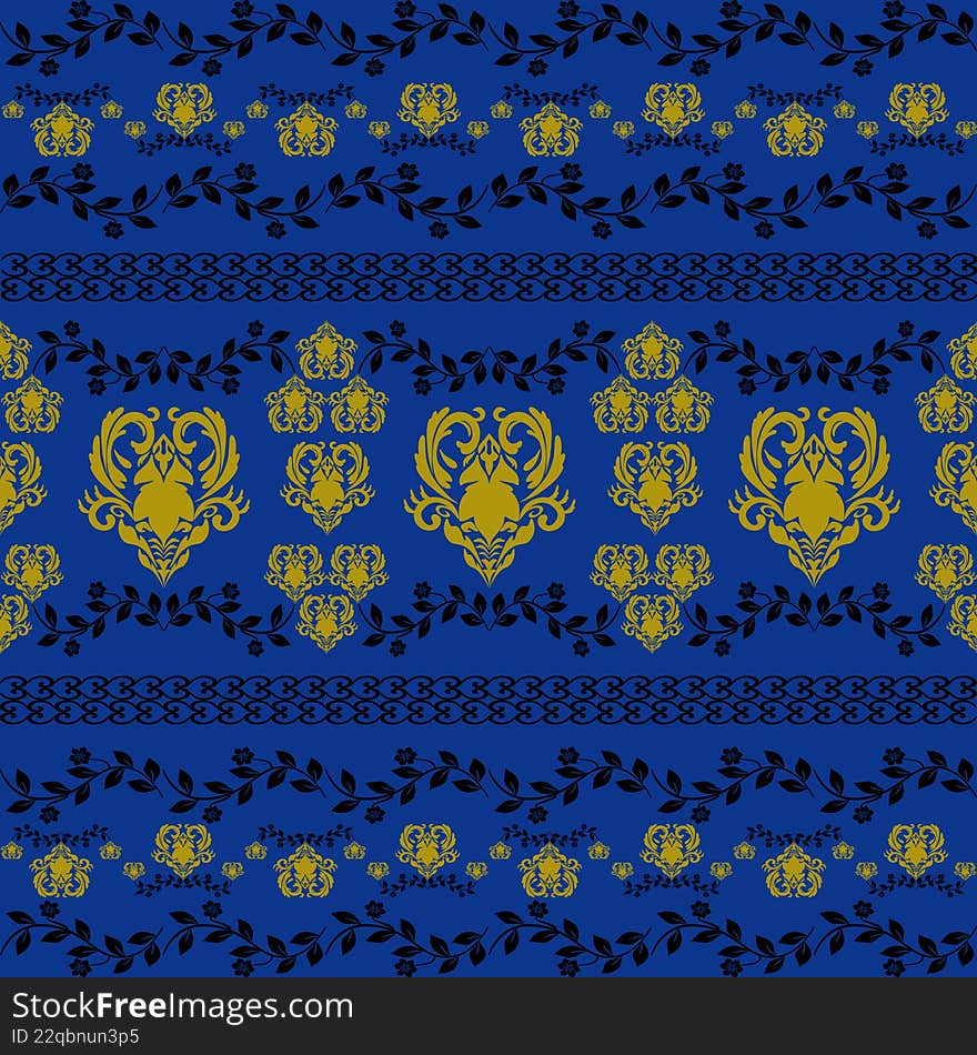 Unique seamless damask border pattern. Blue background. design create an elegant and timeless.
