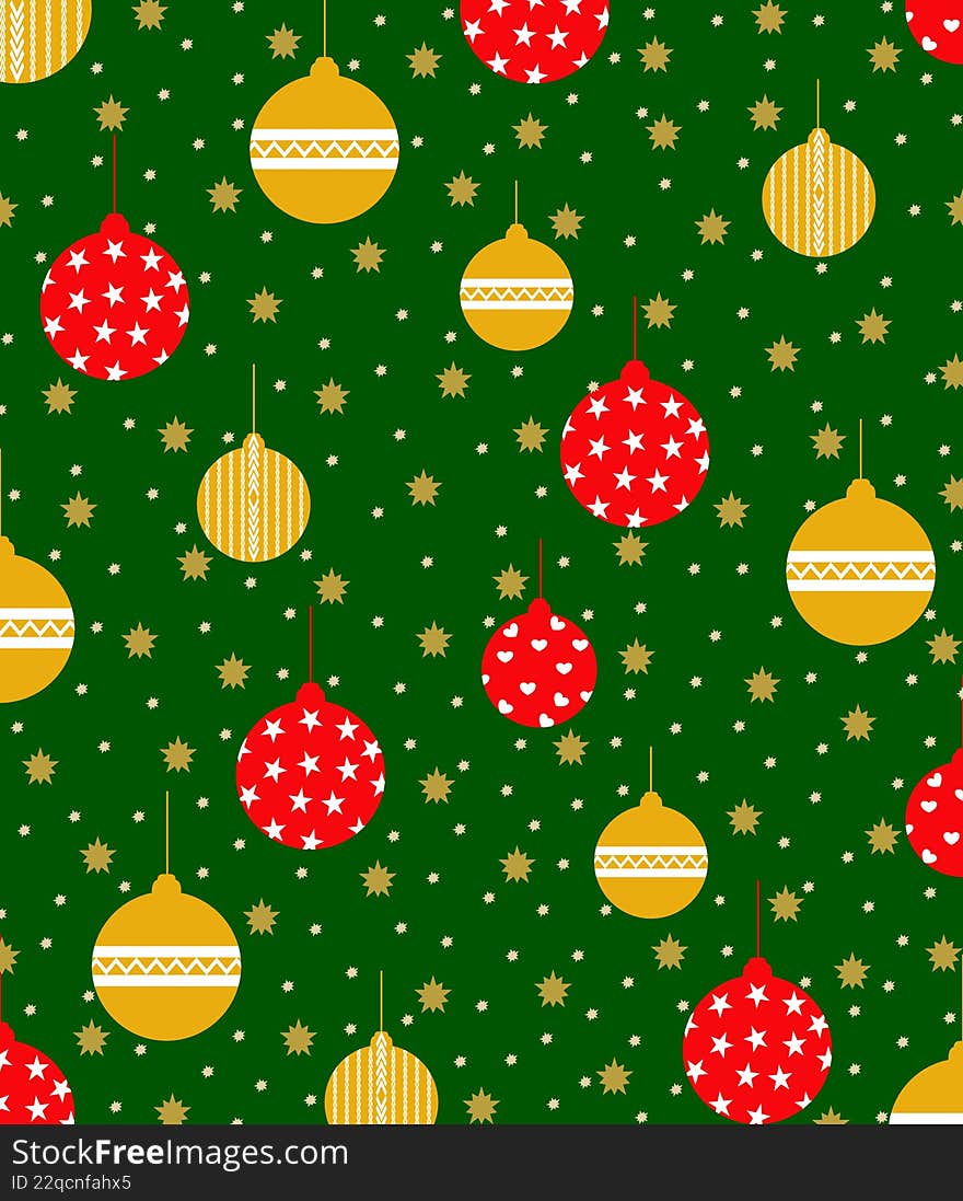 Merry christmas greeting card, red and golden christmas balls