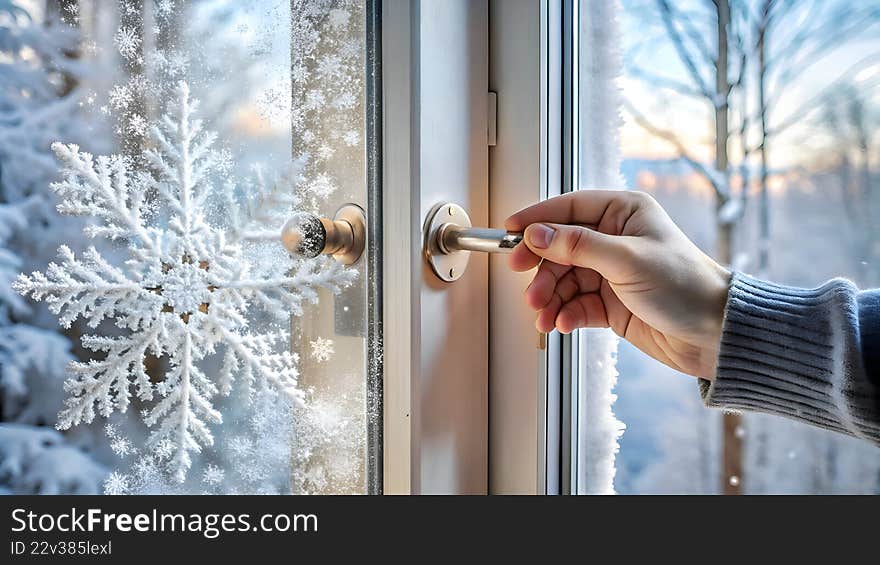 A hand in a grey sweater turns a silver door handle on a white window frame. Large white snowflakes and frost cover the glass. A hand in a grey sweater turns a silver door handle on a white window frame. Large white snowflakes and frost cover the glass