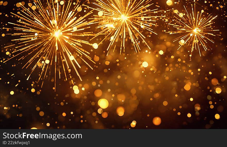 A radiant celebration scene showcasing golden fireworks exploding in the night sky, casting brilliant sparkles and shimmering trai