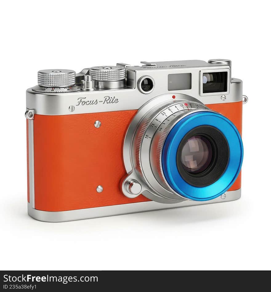 Vintage orange camera with blue lens isolated on transparent background