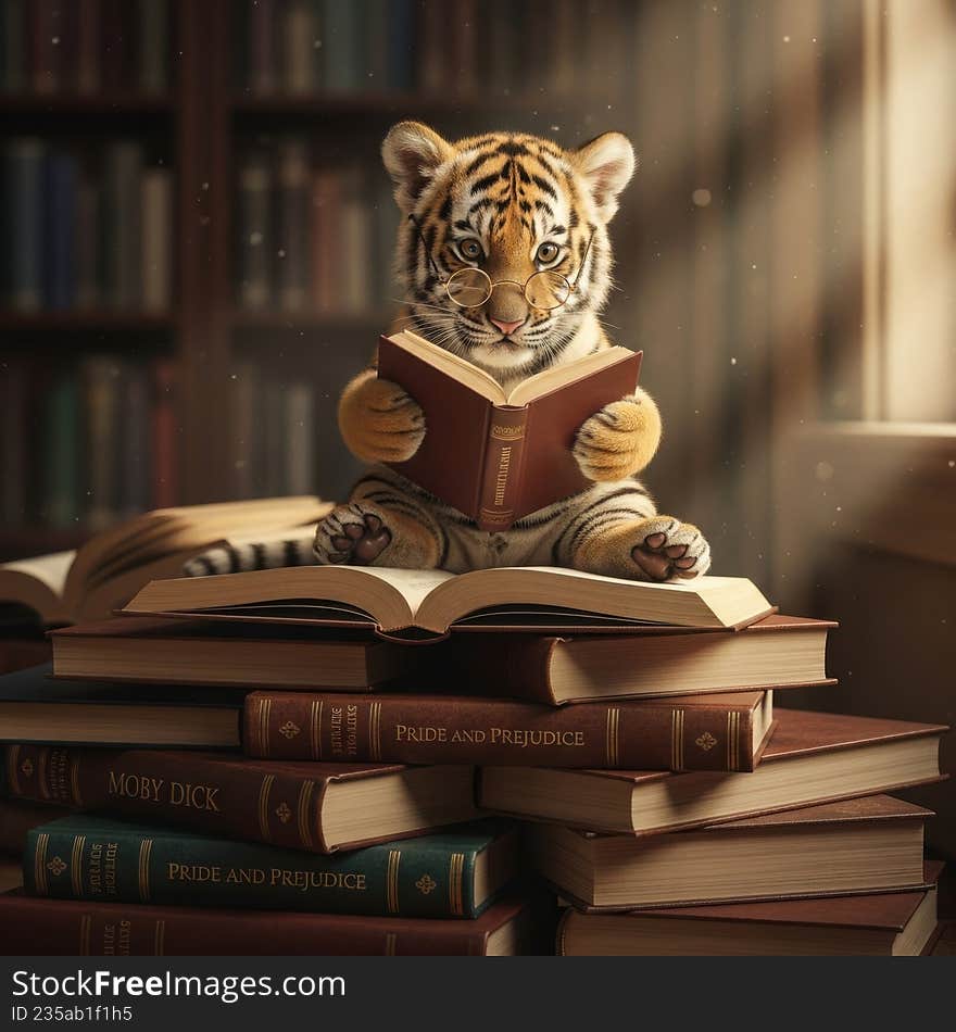 A cute tiger cub is sitting atop a stack of books, engrossed in reading one. The books include classics like 'Pride and Prejudice' and 'Moby Dick'. The scene is set against a plain white background, highlighting the playful and intellectual nature of the image. A cute tiger cub is sitting atop a stack of books, engrossed in reading one. The books include classics like 'Pride and Prejudice' and 'Moby Dick'. The scene is set against a plain white background, highlighting the playful and intellectual nature of the image