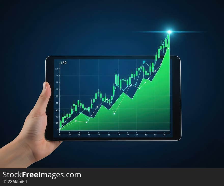 A hand holding a tablet displaying a stock market graph with an upward trend, illustrating financial growth and success. A hand holding a tablet displaying a stock market graph with an upward trend, illustrating financial growth and success