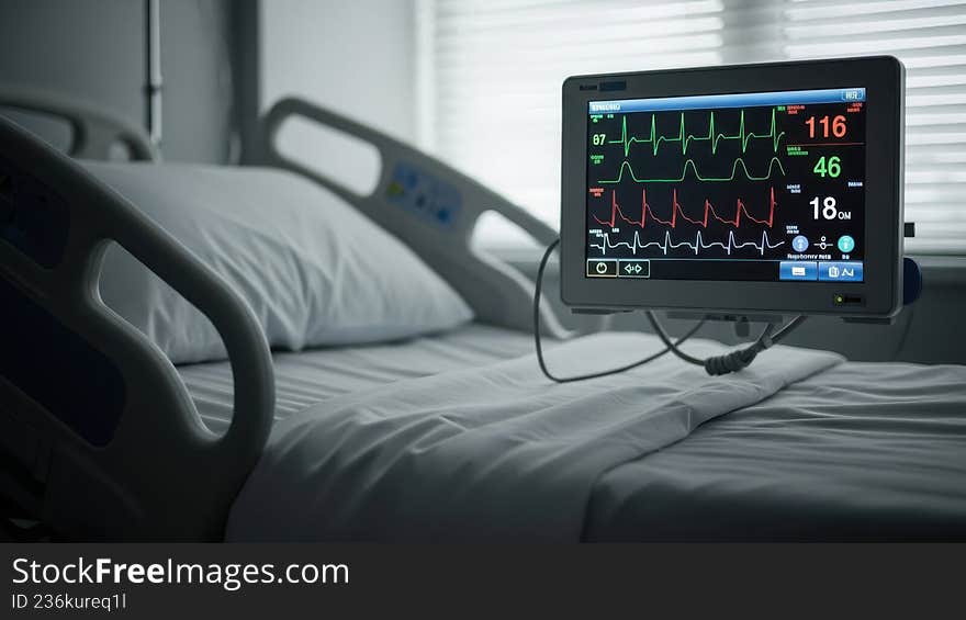 A hospital bed is equipped with a patient monitor displaying vital signs, including heart rate and blood pressure, in a clinical setting with a window in the background. A hospital bed is equipped with a patient monitor displaying vital signs, including heart rate and blood pressure, in a clinical setting with a window in the background
