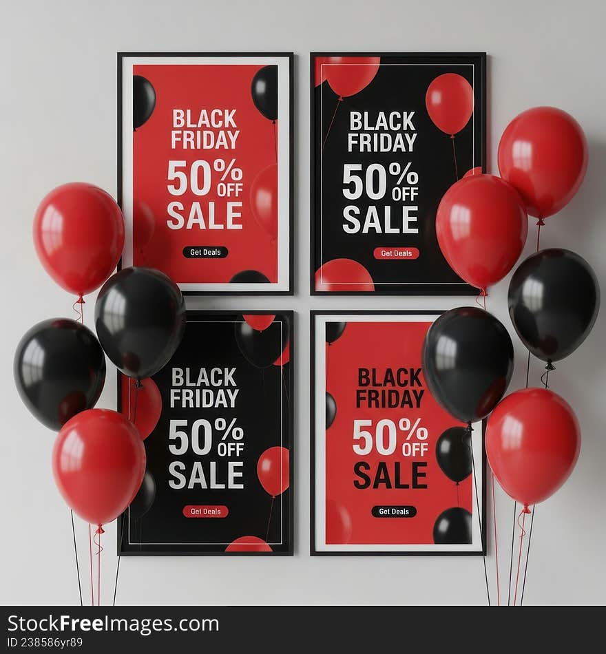 A promotional image featuring four posters announcing a 50% off sale on Black Friday, surrounded by red and black balloons against a white wall. A promotional image featuring four posters announcing a 50% off sale on Black Friday, surrounded by red and black balloons against a white wall