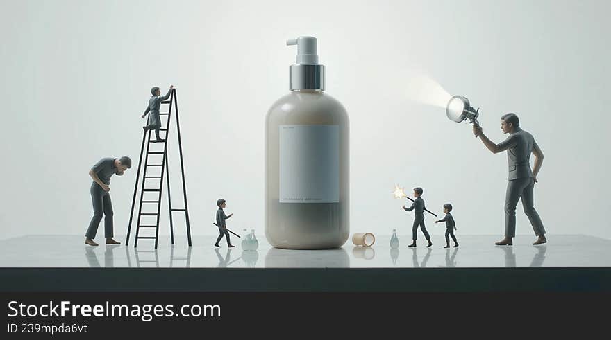 This image depicts a group of miniature figures collaborating to clean a large soap bottle. One figure is on a ladder, another is holding a magnifying glass, and others are working together to ensure the bottle is spotless. The scene illustrates the concept of teamwork and cooperation. This image depicts a group of miniature figures collaborating to clean a large soap bottle. One figure is on a ladder, another is holding a magnifying glass, and others are working together to ensure the bottle is spotless. The scene illustrates the concept of teamwork and cooperation