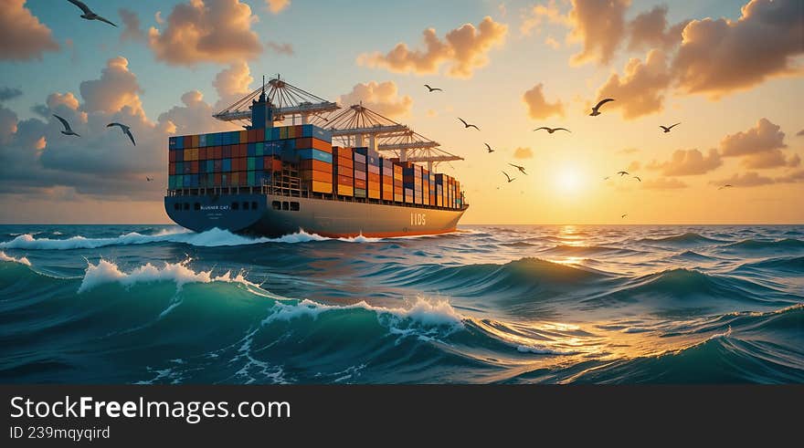 Cargo ship sailing into sunset