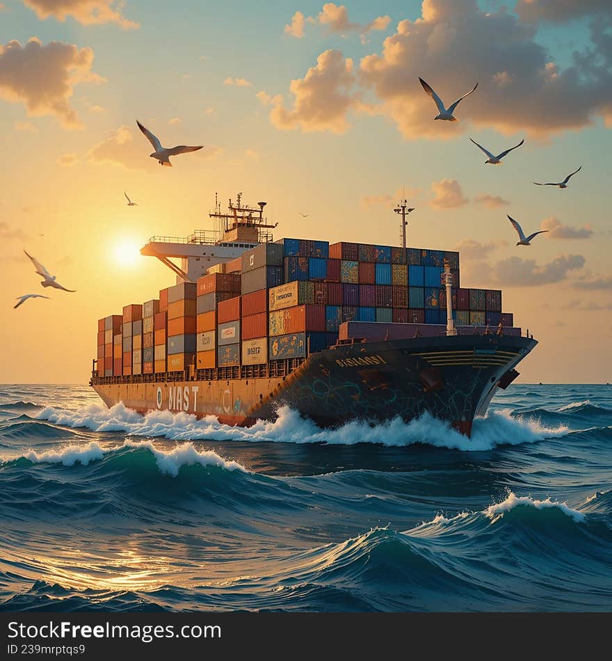 Cargo ship sailing at sunset