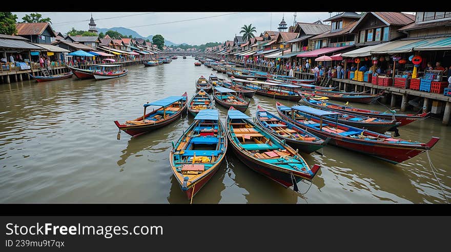 This image captures a picturesque scene of a waterway lined with vibrant, colorful boats docked along wooden piers. The boats are painted in a variety of bright hues, including red, blue, green, and yellow. The waterway is flanked by charming buildings with traditional architecture, adding to the scenic beauty. The atmosphere is calm and tranquil, reflecting the peaceful ambiance of this coastal. This image captures a picturesque scene of a waterway lined with vibrant, colorful boats docked along wooden piers. The boats are painted in a variety of bright hues, including red, blue, green, and yellow. The waterway is flanked by charming buildings with traditional architecture, adding to the scenic beauty. The atmosphere is calm and tranquil, reflecting the peaceful ambiance of this coastal