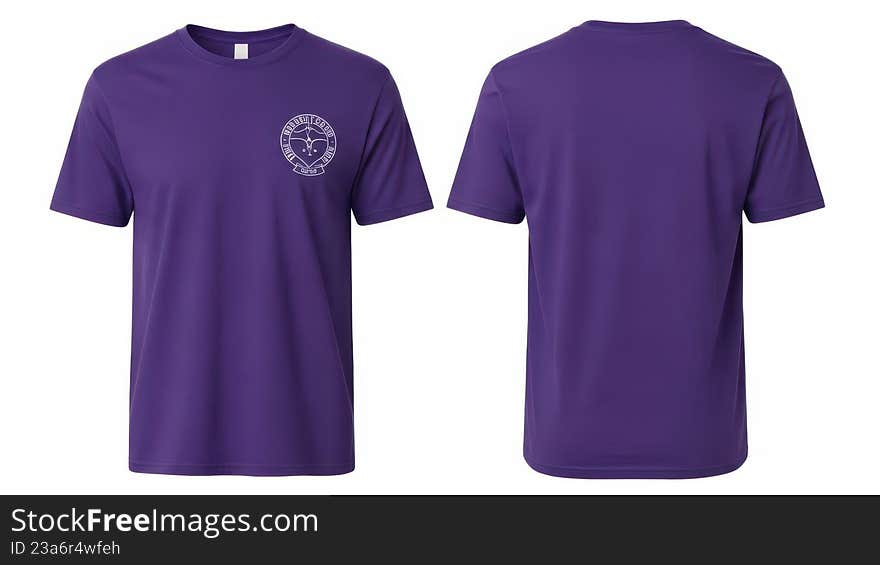 This image features a purple t-shirt displayed from the front and back. The t-shirt has a circular logo on the left side of the chest area. The logo appears to be intricate with some text and possibly a design. The t-shirt is laid flat against a white background, allowing for a clear view of its design and shape. This image features a purple t-shirt displayed from the front and back. The t-shirt has a circular logo on the left side of the chest area. The logo appears to be intricate with some text and possibly a design. The t-shirt is laid flat against a white background, allowing for a clear view of its design and shape