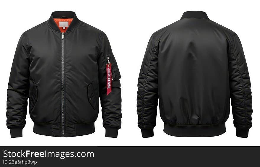 This black bomber jacket features a sleek design with a red patch on the left sleeve. It has a full-length zipper closure, two front pockets, and elasticated cuffs and hem for a snug fit. The jacket is made of durable, lightweight material, making it suitable for various weather conditions. This black bomber jacket features a sleek design with a red patch on the left sleeve. It has a full-length zipper closure, two front pockets, and elasticated cuffs and hem for a snug fit. The jacket is made of durable, lightweight material, making it suitable for various weather conditions