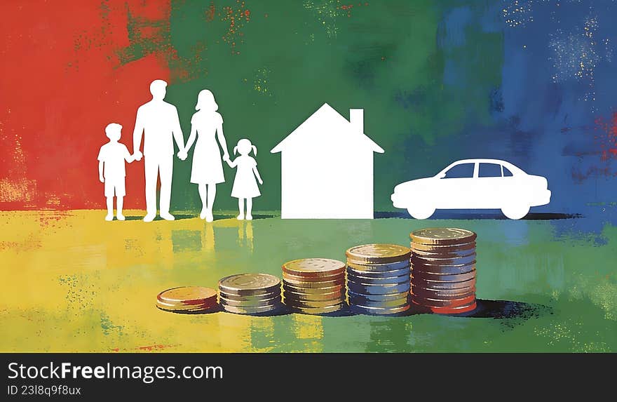 Conceptual illustration representing family financial security, insurance planning, and wealth protection, featuring a family silhouette with a house, car, and stacked coins symbolizing savings, investment, and long-term stability.