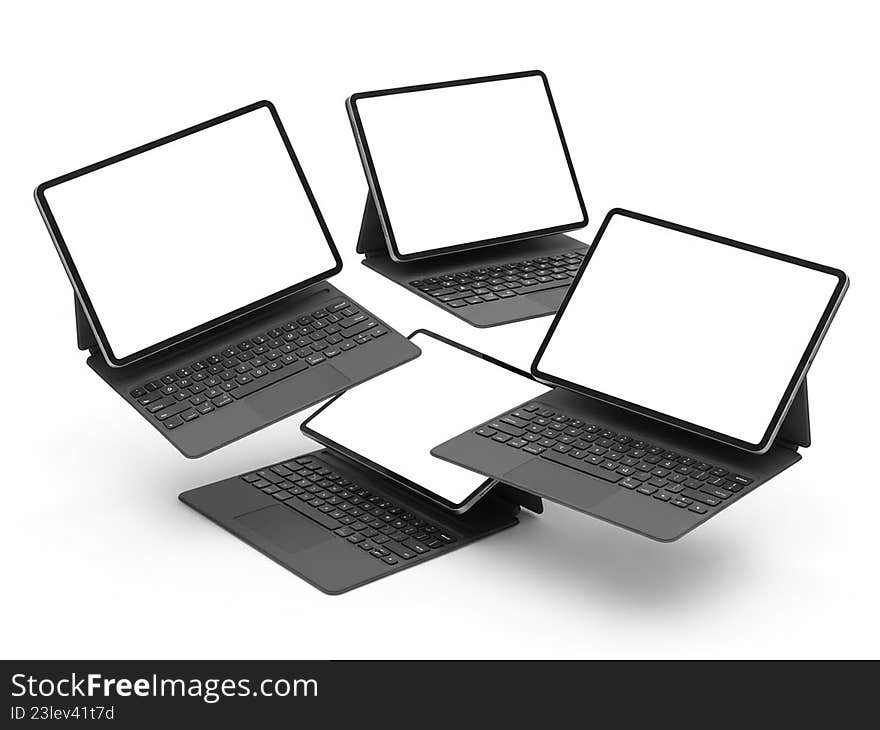 The image displays four tablets, each equipped with a detachable keyboard. The tablets are arranged in a triangular formation, with one tablet at the top and three at the bottom. Each tablet has a black frame and a white screen, and the keyboards are also black. The setup suggests a versatile and portable computing solution, ideal for various tasks and environments. The image displays four tablets, each equipped with a detachable keyboard. The tablets are arranged in a triangular formation, with one tablet at the top and three at the bottom. Each tablet has a black frame and a white screen, and the keyboards are also black. The setup suggests a versatile and portable computing solution, ideal for various tasks and environments