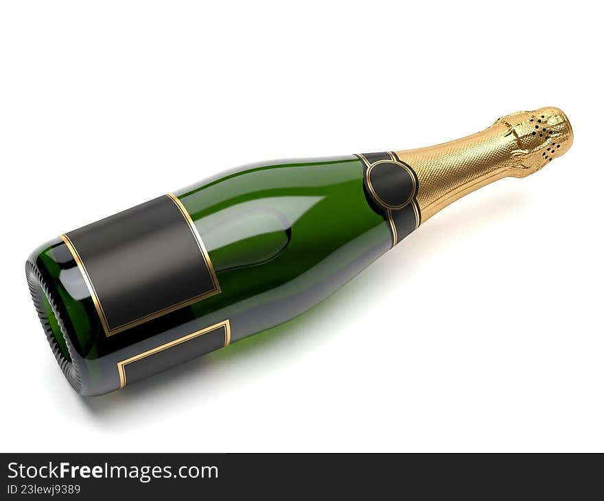 This image showcases a luxurious champagne bottle with a green hue and gold accents. The bottle is adorned with a black label and a gold foil top, signifying elegance and sophistication. It is positioned horizontally, highlighting its sleek design and premium quality. This image showcases a luxurious champagne bottle with a green hue and gold accents. The bottle is adorned with a black label and a gold foil top, signifying elegance and sophistication. It is positioned horizontally, highlighting its sleek design and premium quality