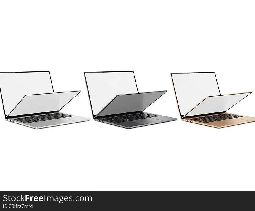 Three laptops in different colors