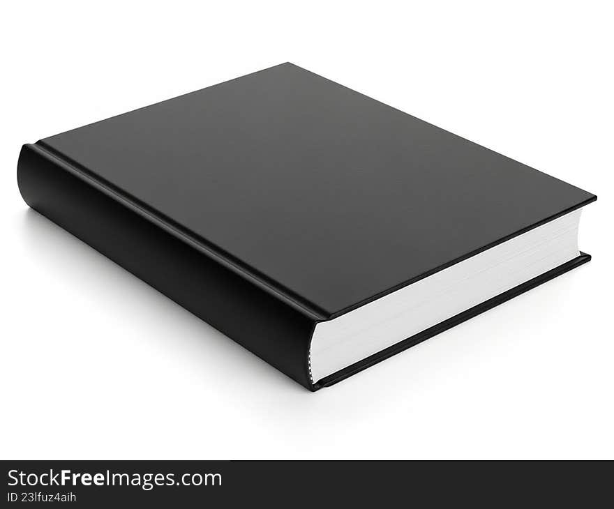 The image depicts a closed black book with a smooth cover, standing upright against a white background. The book appears to be thick with a hardcover and is positioned in the center of the frame
