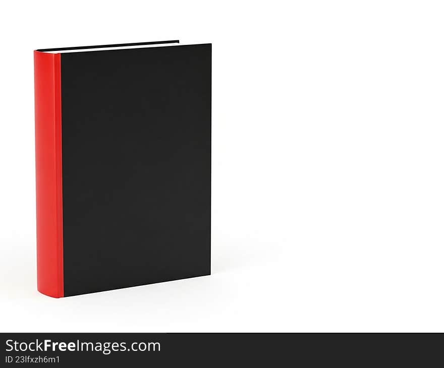 The image depicts a blank book with a black cover and a red spine. The book is standing upright against a plain white background. The cover appears smooth and unadorned, suggesting it is ready for personalization or use. The image depicts a blank book with a black cover and a red spine. The book is standing upright against a plain white background. The cover appears smooth and unadorned, suggesting it is ready for personalization or use