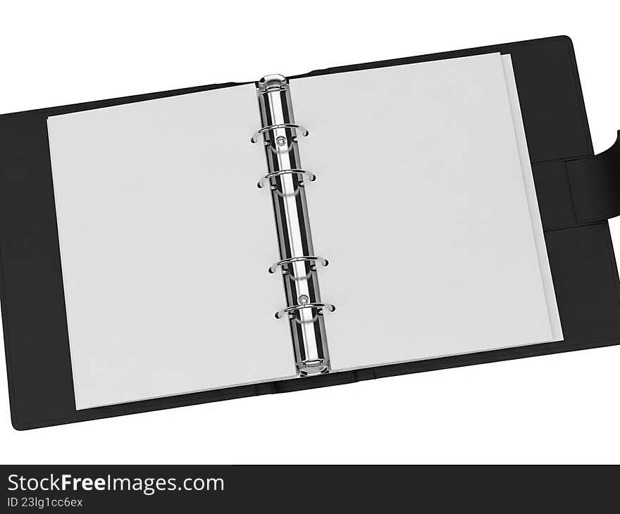 The image depicts an open black binder with white paper inserted. The binder is held open, revealing the ring mechanism that secures the papers. The binder appears to be empty except for a single sheet of white paper